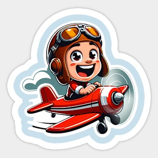 An excited pilot flies a small red airplane. Sticker